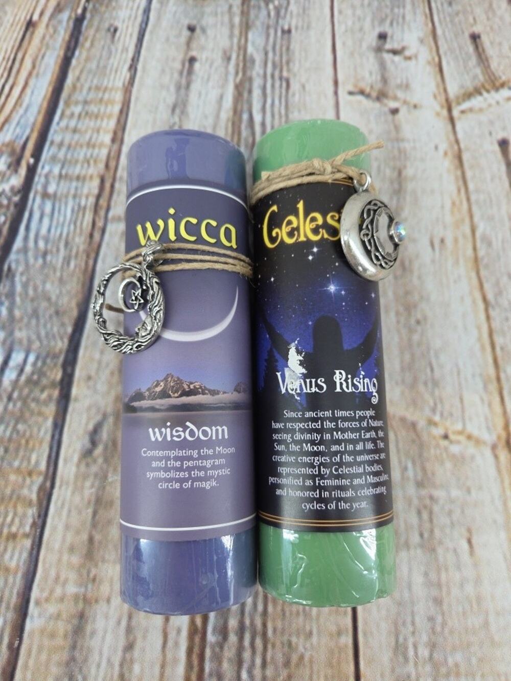Set Of Pillar Candles w Pendants Wicca Wisdon Celestial Venus Rising